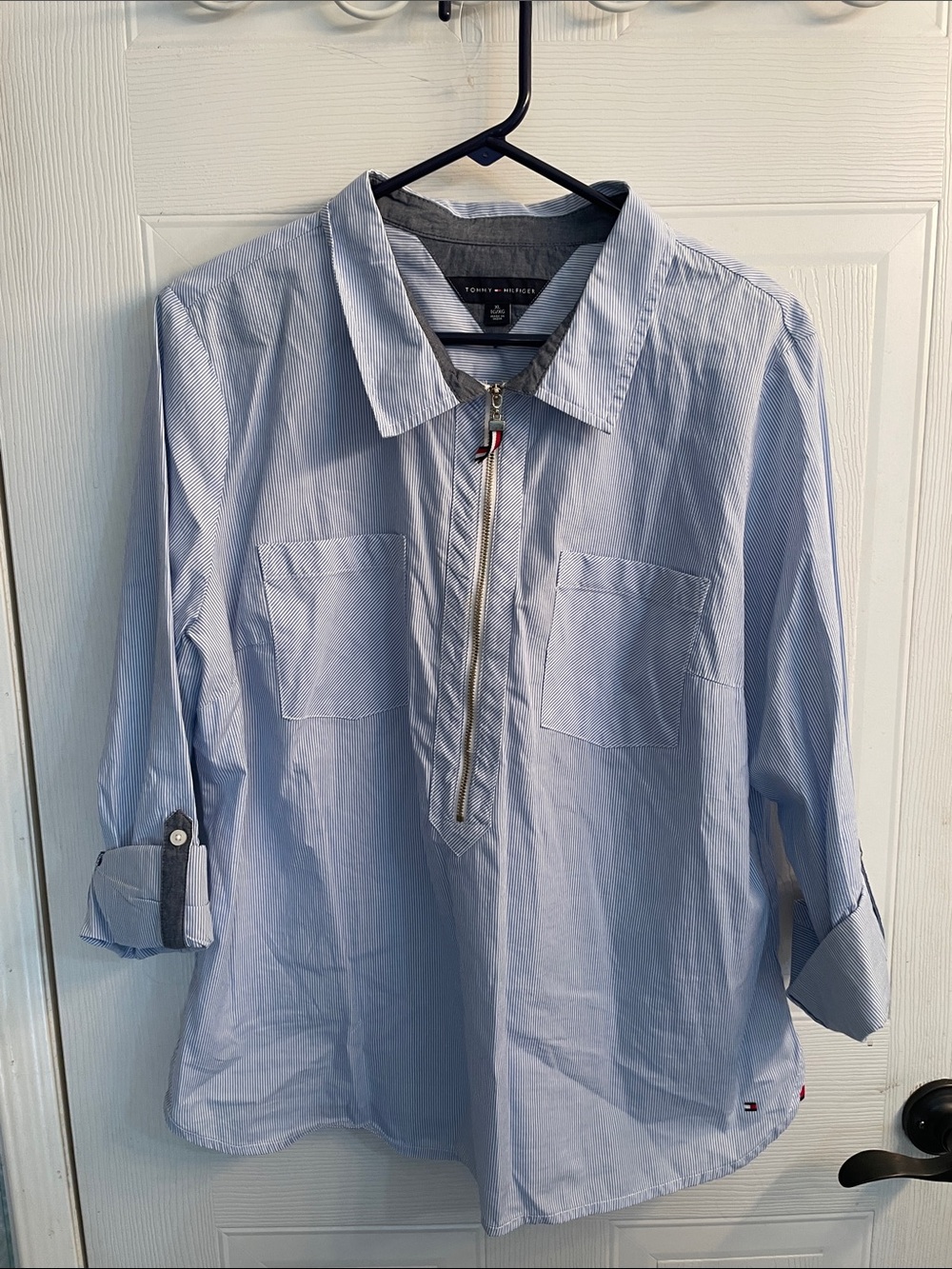 Tommy Hilfiger Light Blue Pinstripe Half-Zip Button Down Shirt